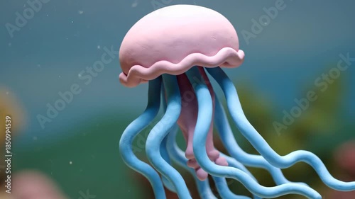 Vibrant Pink and Blue Jellyfish Gracefully Gliding Through Clear Blue Water with Bubbles.