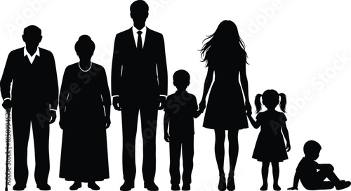 Family silhouettes across generations showing grandparents, parents and children, diverse household members standing together isolated on white background