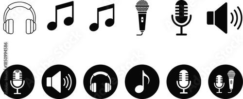 Set of audio and music icons, headphones microphone and speaker symbols, sound recording vector illustration collection, black media signs, isolated