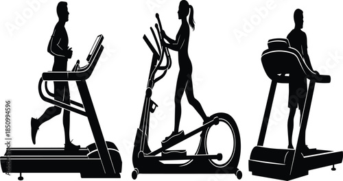 Fitness equipment silhouettes featuring treadmill and elliptical machines with male and female athletes, modern gym workout concept isolated on white background
