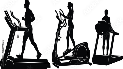 Gym fitness equipment silhouettes with treadmill and elliptical machines, male and female athletes cardio workout concept isolated on white background