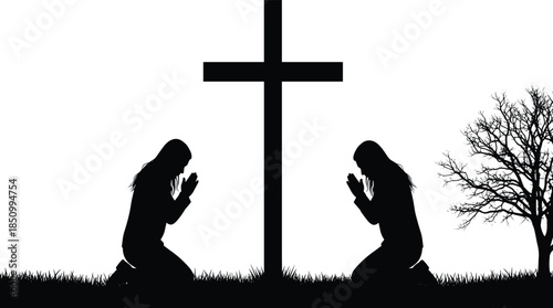 People praying silhouettes kneeling before cross symbol, Christian faith and spirituality concept with worship and devotion isolated on white background