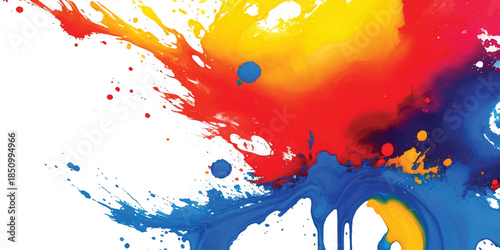 Vibrant Multi-Color Paint Explosion With Rainbow Ink Splash & Fluid Drips on White. Dynamic Abstract Art for Creative Marketing and Modern Digital Projects.
