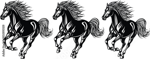 Set of black running horse silhouettes with flowing manes and tails isolated on white background for equestrian sports and wildlife