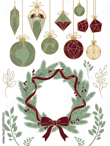 Festive Christmas Ornaments and Wreath Decoration.
