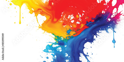 Vibrant Multi-Color Paint Explosion With Rainbow Ink Splash & Fluid Drips on White. Dynamic Abstract Art for Creative Marketing and Modern Digital Projects.