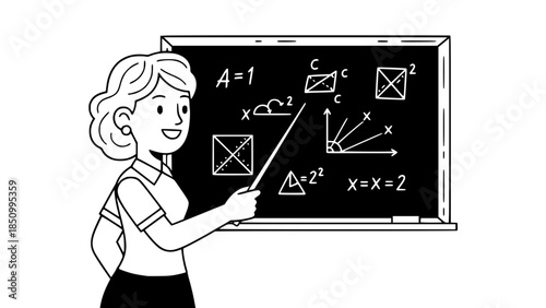 Flat vector illustration of a teacher explaining lesson at blackboard, friendly style, education concept, simple shapes, modern flat design, isolated on white background