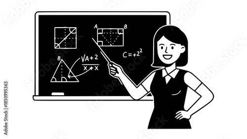 Flat vector illustration of a teacher explaining lesson at blackboard, friendly style, education concept, simple shapes, modern flat design, isolated on white background