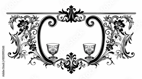 Elegant vintage decorative frame with floral motifs and goblet illustrations