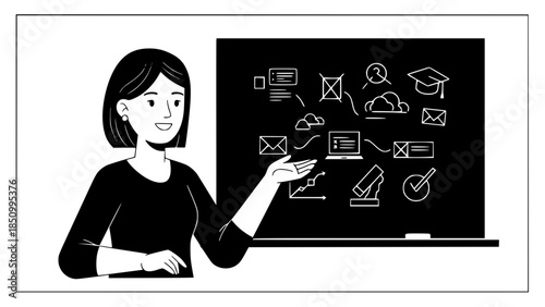 Flat vector illustration of a teacher explaining lesson at blackboard, friendly style, education concept, simple shapes, modern flat design, isolated on white background