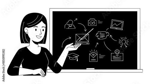 Flat vector illustration of a teacher explaining lesson at blackboard, friendly style, education concept, simple shapes, modern flat design, isolated on white background