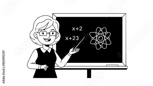 Flat vector illustration of a teacher explaining lesson at blackboard, friendly style, education concept, simple shapes, modern flat design, isolated on white background