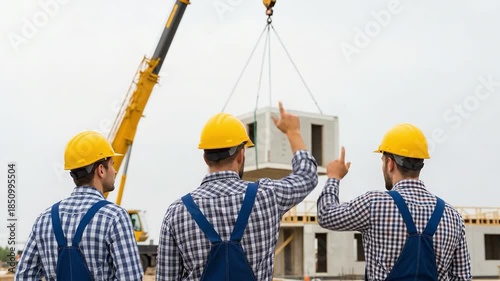 Construction Workers Supervising Crane Lifting Modular Building Unit at Construction Site