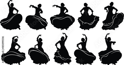 Set of black silhouettes featuring traditional Spanish Flamenco dancers in elegant ruffled dresses and expressive poses isolated on white background