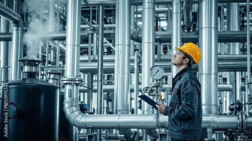 Industrial Engineer in Safety Gear Inspecting Machinery in a High-Tech Factory Setting