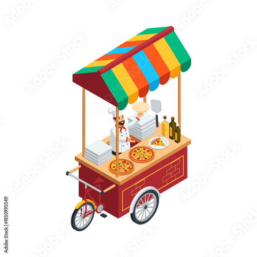 Pizza chef preparing pizza on food cart trike