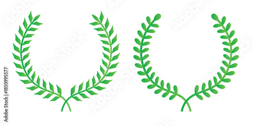 Green laurel wreath. Green silhouette laurel foliate wreaths, award, achievement, chaplet, heraldry, nobility. Green leaf silhouette