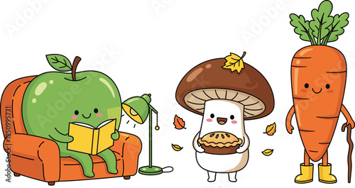 Cute autumn vegetable and fruit characters collection featuring green apple reading book mushroom holding pumpkin pie and carrot with walking stick illustration.
