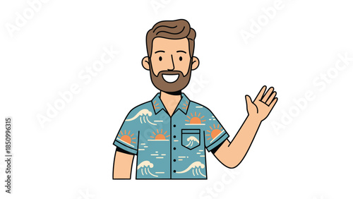 Friendly man wearing a Hawaiian shirt waving hello.