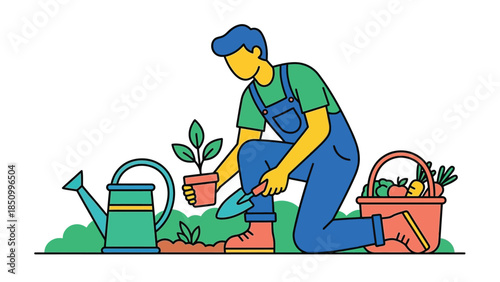 Gardener planting a small seedling in a pot with care.