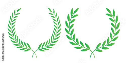 Green laurel wreath. Green silhouette laurel foliate wreaths, award, achievement, chaplet, heraldry, nobility. Green leaf silhouette