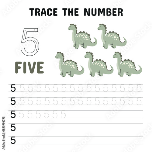 Trace the Number 5 Worksheet for Preschoolers with Dinosaurs