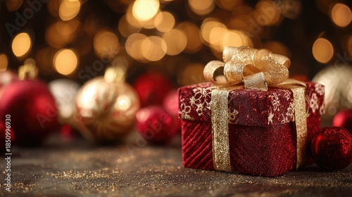 Beautifully wrapped Christmas gift with gold bow and ornaments