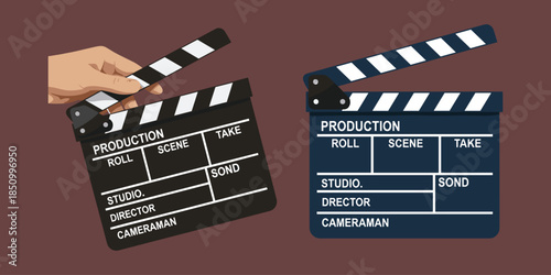 Film clapperboard, movie slate, production tool, director board, filmmaking icon, cinema gear, scene marker, vintage style, flat vector illustration