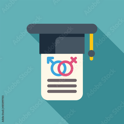 Graduation cap sitting on a document featuring male and female gender symbols