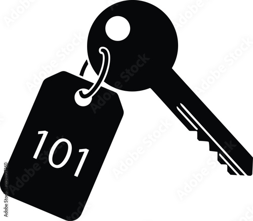 Modern flat symbol showing a metal key on a keychain to denote specialized accommodation entry, guest registration protocols, and secure resort facility management.