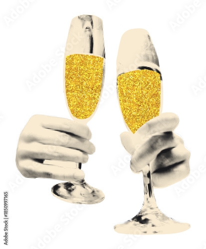Hands holding champagne flute glasses halftone collage element. Celebratory toast, cheers, cin cin. Cut out party sticker with gold glitter texture Modern retro vector illustration