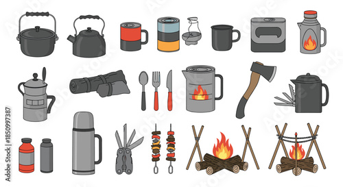 A collection of essential camping and outdoor cooking equipment, including pots, kettles, tools, and campfires, isolated on white.