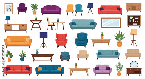 A diverse collection of detailed furniture pieces and home decor items, including sofas, chairs, tables, and plants, for modern interior design.
