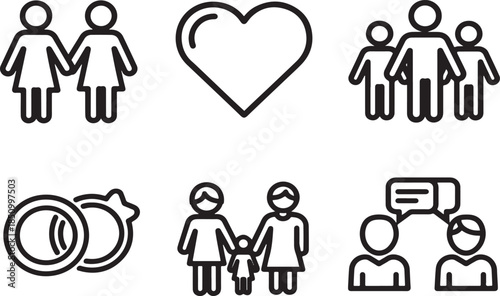 Vector illustration set of family icons and couple symbols featuring a man and woman silhouette with a heart to represent love and romance between a mother, father, and child.
