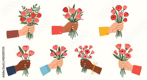 Diverse hands of different skin tones holding various beautiful bouquets of red and pink flowers against a light background.