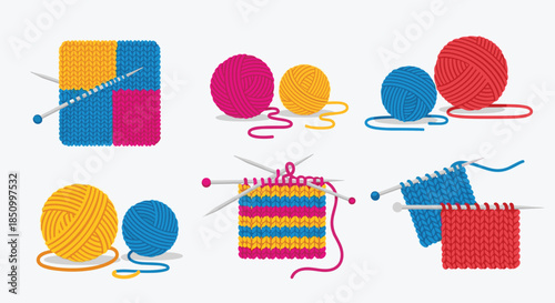 Colorful knitting supplies featuring yarn balls, knitting needles, and various knitted fabric swatches for creative craft projects.