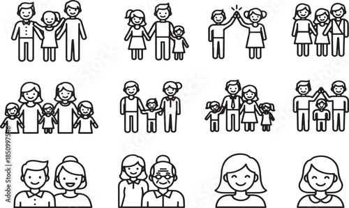 Hand drawn vector illustration set featuring business people icons and cartoon character sketches of a family with a child, baby, and cat in a playful doodle style.