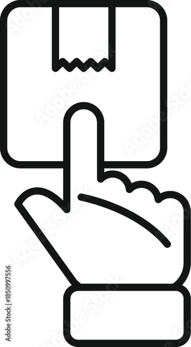 Courier hand pointing parcel tracking app icon showing delivery status, shipping service outline icon