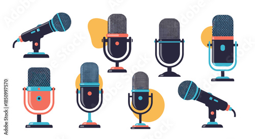Diverse collection of modern and classic microphones for audio recording, podcasting, and live sound, isolated on a white background with abstract shapes.