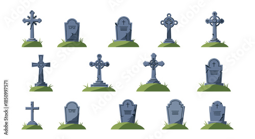 A diverse collection of cartoon-style gravestones and crosses, featuring various designs and weathered textures on patches of green grass.