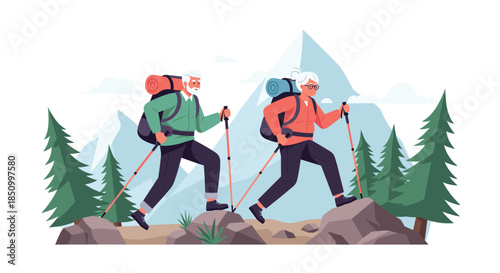 An active elderly couple with backpacks and trekking poles enjoys a challenging hike through mountains and evergreen forests.