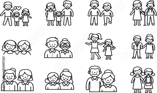 Hand drawn vector illustration set featuring business people icons and cartoon character sketches of a family with a child, baby, and cat in a playful doodle style.