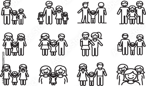 Hand drawn vector illustration set featuring business people icons and cartoon character sketches of a family with a child, baby, and cat in a playful doodle style.