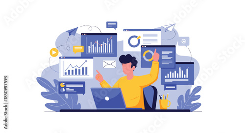 A vibrant illustration of a man actively managing data analytics and online tasks across various digital dashboards and charts.