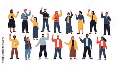 A diverse group of men and women of different ages and ethnicities stand together, cheerfully waving their hands in a friendly and welcoming gesture.