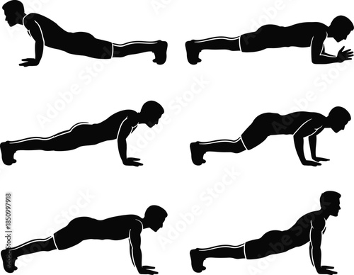 Male Fitness Silhouette Demonstrating Push- Up and Plank Exercises Keywords: push-up, plank