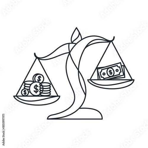 A black and white line art illustration of a balance scale with stacks of dollar coins on one side and folded dollar bills on the other.