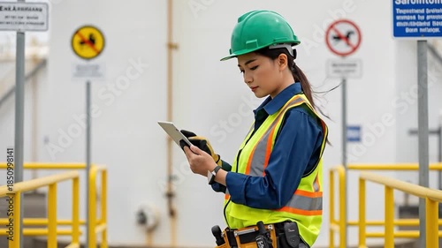 Safety Officer Inspecting Industrial Site with Tablet in Hand Wearing Helmet and Safety Vest