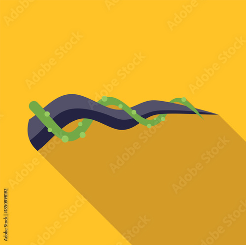 Dark winding vine with green tendrils on a yellow background, presenting a flat design
