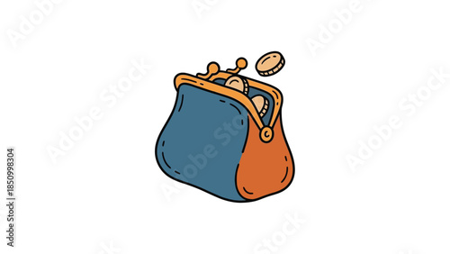 Hand drawn illustration of an open coin purse with coins.